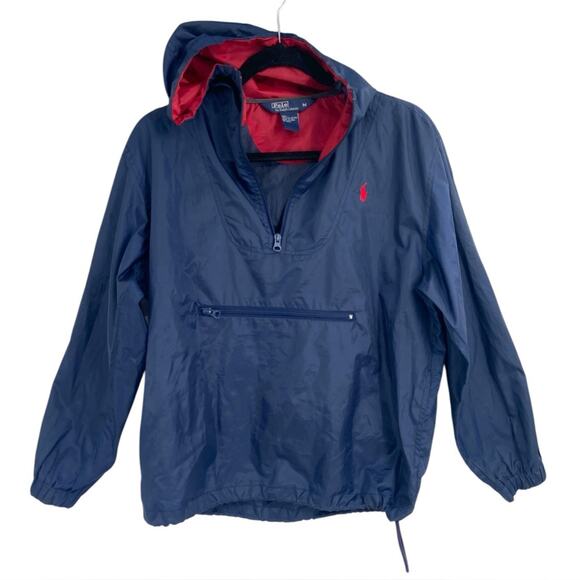 Vintage Polo Ralph Lauren Hooded‎ Windbreaker 1/2 Zip Blue Red Men’s Medium - Picture 1 of 8
